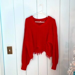 Unbranded Red V-Neck Sweater Shark Bite Bottom Size Small